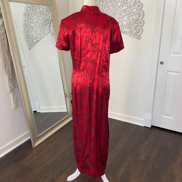 Sheri Martin Vintage Red Satin Black Floral Open Front Kimono Duster Cardigan M - Picture 6 of 7